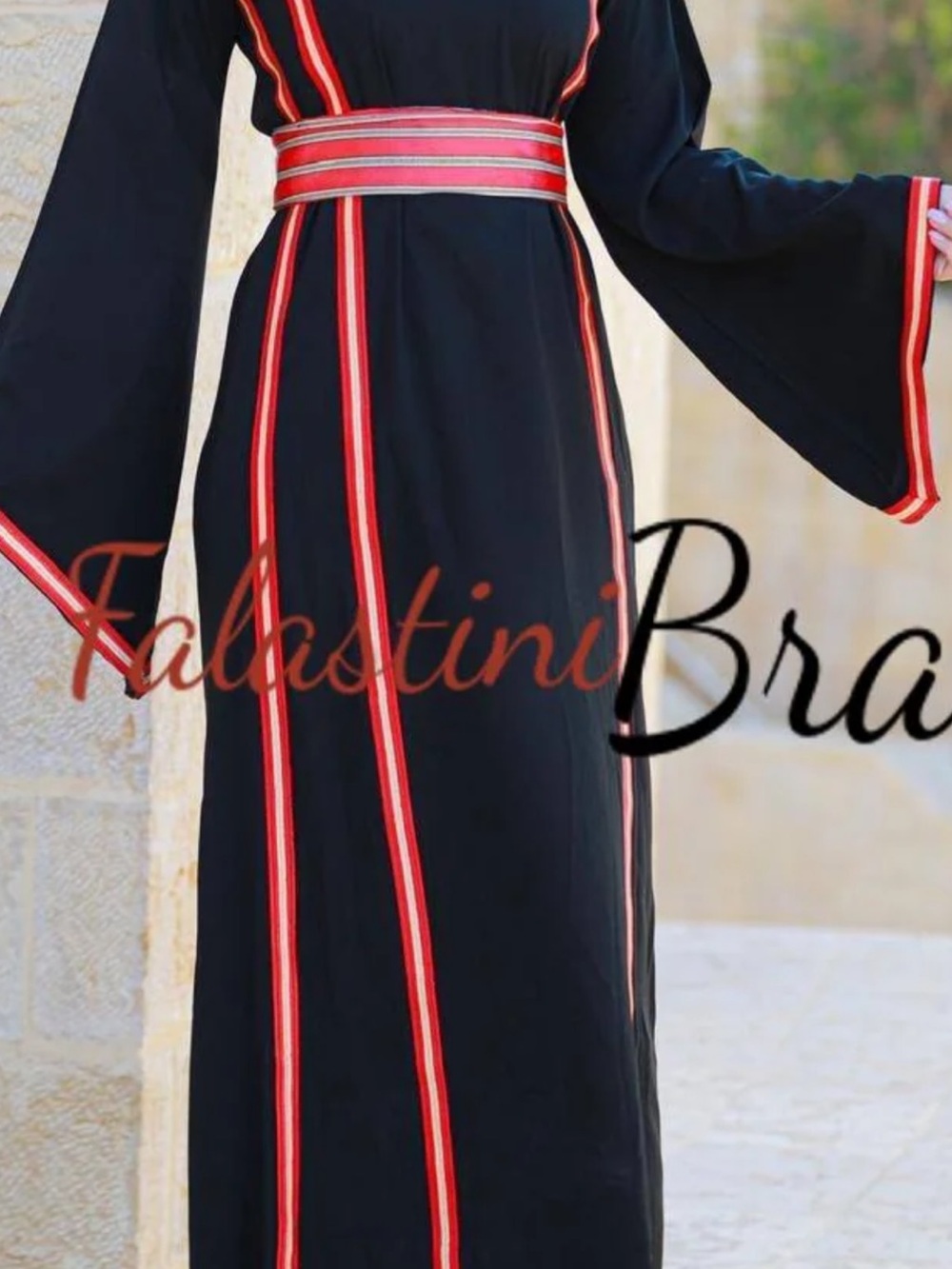 Palestini-Style Black Long-Sleeve Dress thobe with Red Trim